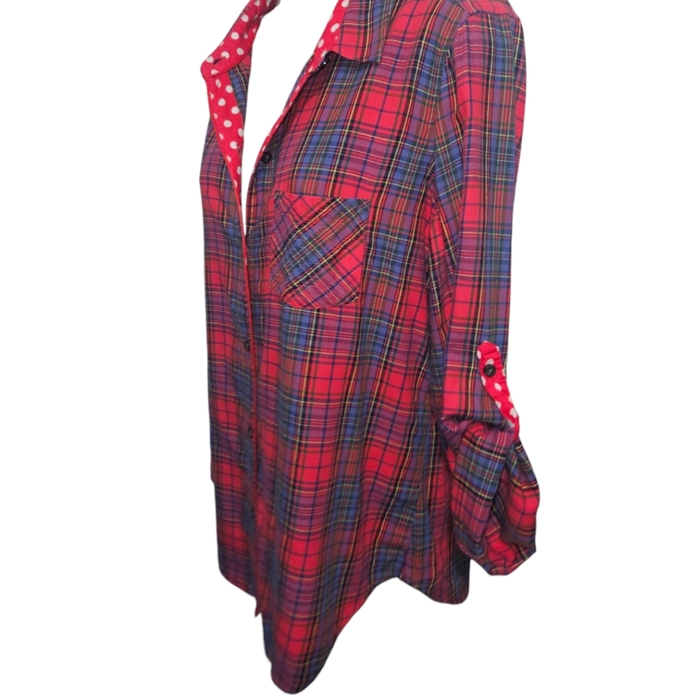 Victoria's Secret Plaid/Polka Dot Adjustable Long Sleeve Button Down Top - Picture 3 of 4